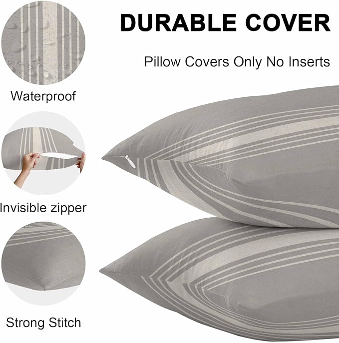 Vandarllin Outdoor Throw Pillows Covers 20x20 inch Set of 2 Waterproof Grey Vertical Stripes Decorative Zippered Cushion Covers for Patio Furniture, Classic Striped Linen Lumbar Pillowcases