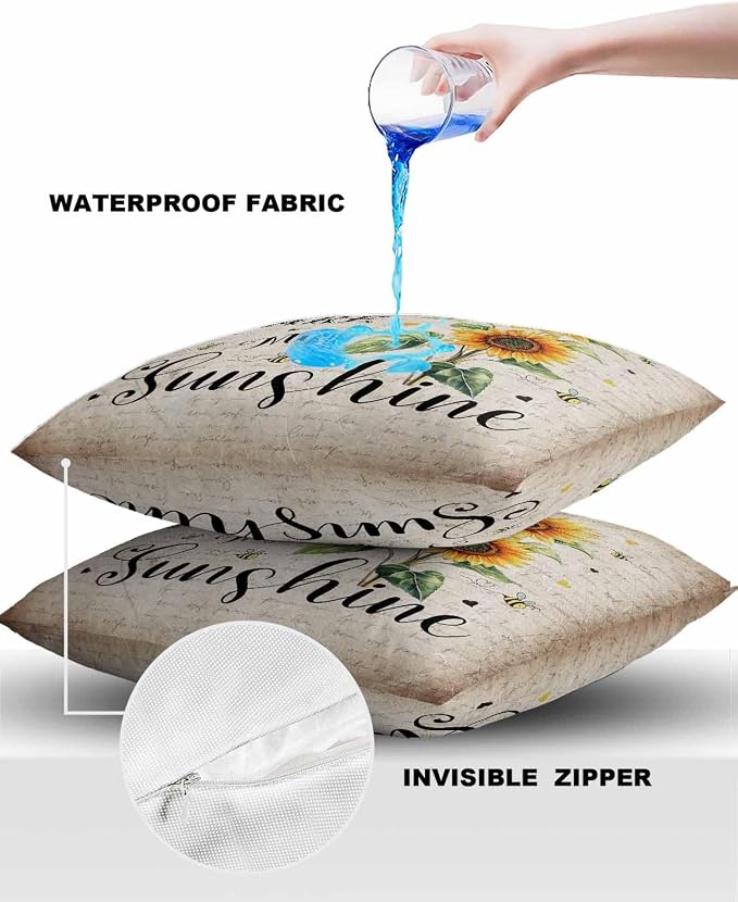 Sunflower Outdoor Waterproof Throw Pillow Covers 18"x18" Set of 2, Sunflower Bee Old Newspaper Background Decorative Garden Pillowcase with Zipper Retro Farmhouse Cushion Case for Patio Couch Tent