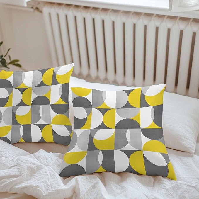 Vandarllin Outdoor Throw Pillows Covers 18x18 inch Set of 2 Waterproof Mid Century Geometric Decorative Zippered Cushion Covers for Patio Furniture, Abstract Modern Yellow Gray Lumbar Pillowcases
