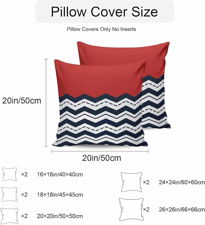 Black Chevron Waterproof Outdoor Pillow Covers Set of 2 Home Decor, Geometric Navy Blue White Sea Wavy Striped Pillowcase Patio Pillow Covers for Couch Bench Furniture Garden 26x26in