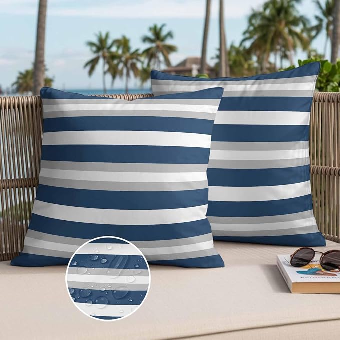 Throw Pillow Covers 26x26 Inch Set of 2, Navy Blue Grey Stripe Waterproof Outdoor Pillow Covers, Minimalist Farmhouse Striped Decorative Cushion Pillowcases for Couch, Sofa, Bed, Garden, Patio