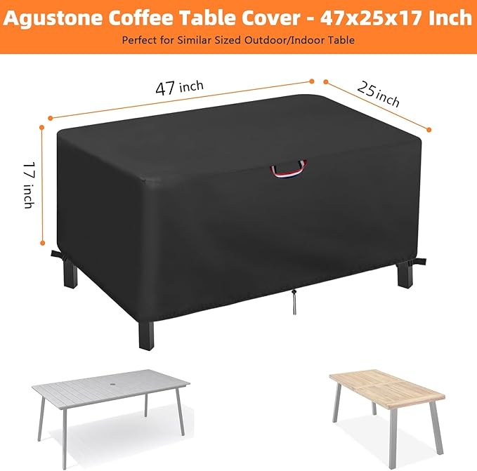 47 Inch Coffee Table Cover for Patio Outdoor Rectangle Tables (Fits 44", 45", 46", 47"), Heavy Duty Waterproof Protector - All Weather Furniture Cover, 47"x 25" x 17" Black