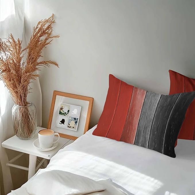 Lumbar Pillow Covers 20x12 Inch Set of 2, Red Black Ombre Waterproof Outdoor Cushion Covers, Vintage Farmhouse Wooden Decorative Pillowcases for Couch, Sofa, Bed, Garden, Patio