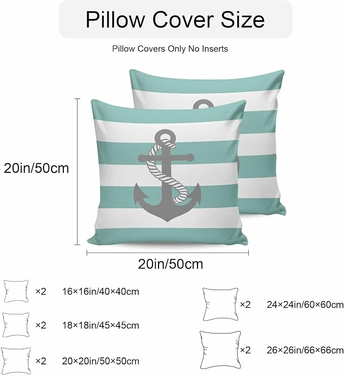 Turquoise Stripe Nautical Waterproof Outdoor Pillow Covers Set of 2 Home Decor, Grey Anchor Summer Coastal Pillowcase Patio Pillow Covers for Couch Bench Furniture Garden 16x16in