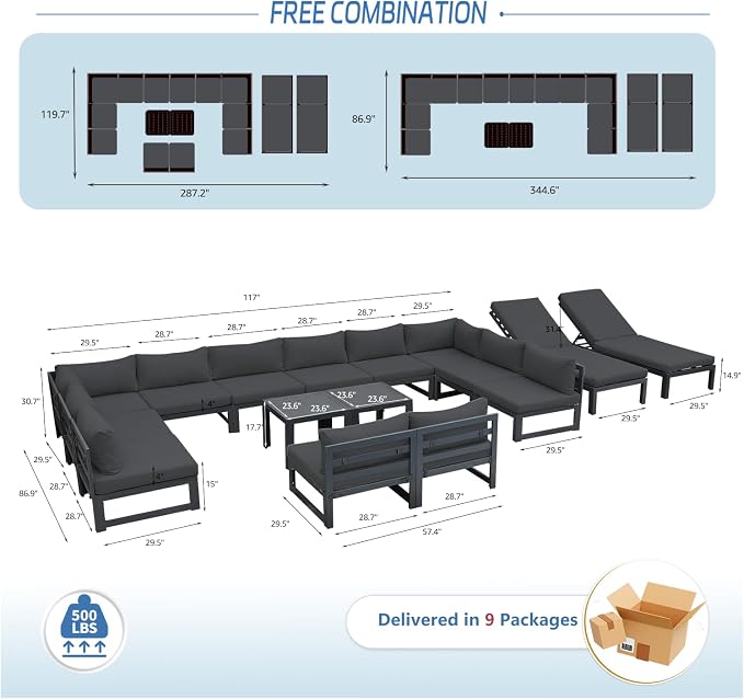 NICESOUL Large Luxury Aluminum Outdoor Sectional Sofa with Chaise, Weather Resistant Modular Patio Furniture Set for 14 People, 500 lbs Heavy Duty Conversation Couch for Poolside Deck, Dark Gray