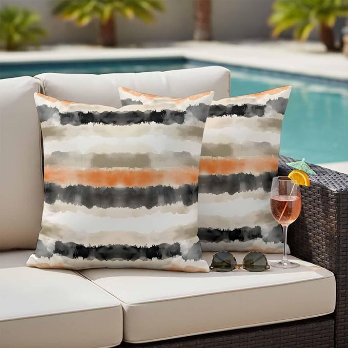 Black Gray Orange Stripes Outdoor Waterproof Throw Pillow Covers Set of 2, 20"x20", Modern Art Decorative Pillow Covers Outside Cushion Case for Patio Porch Garden
