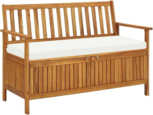 Patio Storage Bench with Cream White Cushion, Outdoor Wooden Deck Box, Solid Wood Patio Furniture for Outdoor Cushions, Pool Storage and Garden Tools, 47.2"x24.8"x33.1", -328
