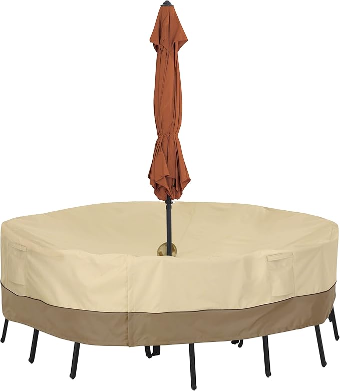Classic Accessories Veranda Water-Resistant 94 Inch Round Patio Table & Chair Set Cover with Umbrella Hole, Outdoor Table Cover