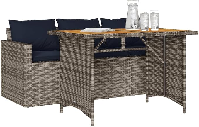 Garden Dining Set Grey Poly Rattan 3-Seater Sofa Outdoor Patio Furniture Set with Washable Cushions and Steel Frame Rectangular Table Couch for Backyard Deck Balcony