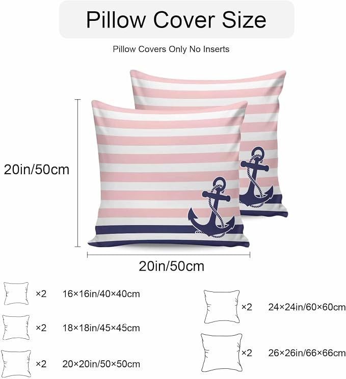 Anchor Pink Waterproof Outdoor Pillow Covers Set of 2 Home Decor Modern Navy Blue White Striped Nautical Pillowcase Patio Pillow Covers for Couch Bench Furniture Garden 18x18in