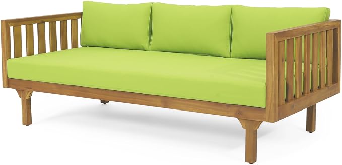 Christopher Knight Home Charm Patio Conversation Set, 3 Seater Acacia Wood Sofa, Spacious Seating Daybed, Wood Coffee Table, Round Side Table, Outdoor Furniture for Backyard Garden Gathering, Green