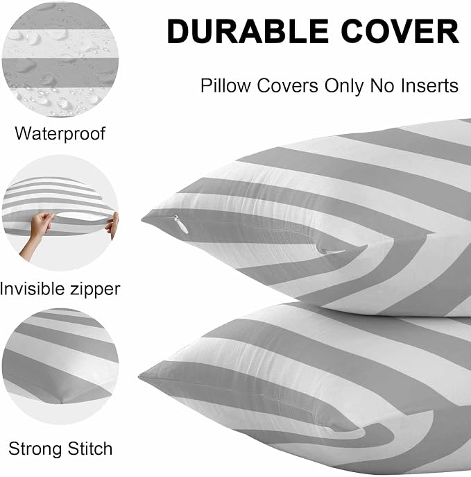 Outdoor Waterproof Pillow Covers Gray and White Striped Decorative Throw Pillow Protectors,Modern Art Stripes Pillowcase Cushion Cases for Patio Sofa Garden Couch,20x20in,Pack of 2