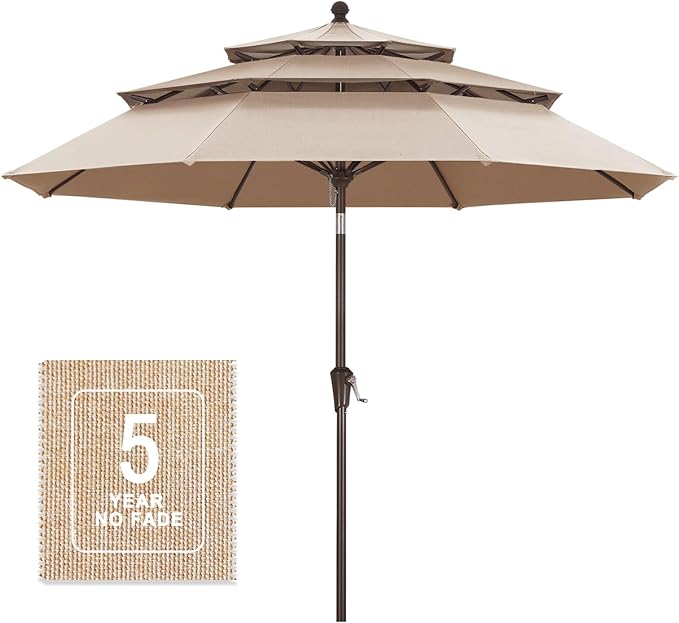 MASTERCANOPY 9ft 3-Tier Olefin Patio Umbrella with Tilt Crank, 5-Year-Non-Fading Canopy & 8 Fiberglass Ribs for Deck, Patio, and Garden, Light Beige