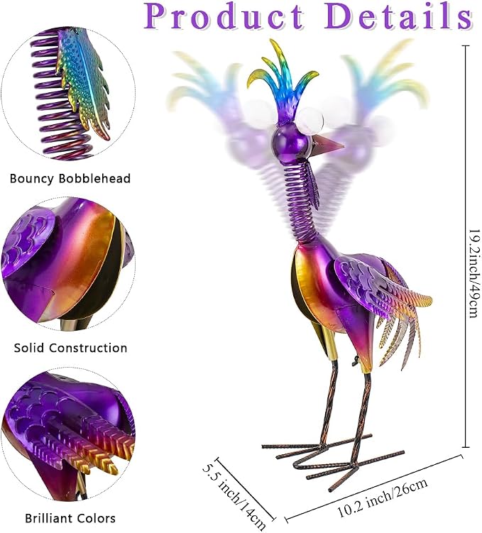 Metal Wacky Rooster Garden Statue for, Patio, Backyard, Lawn | 19'' Rooster Decor, Yard Statue Decorations Outdoor, Chicken Yard Art, Purple