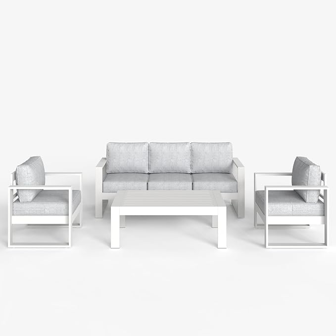 LayinSun 4 Pieces Aluminum Outdoor Patio Furniture Set, Metal Modern Conversation Sofa Set with Coffee Table and Washable Thick Cushions for Porch, Backyard, Deck