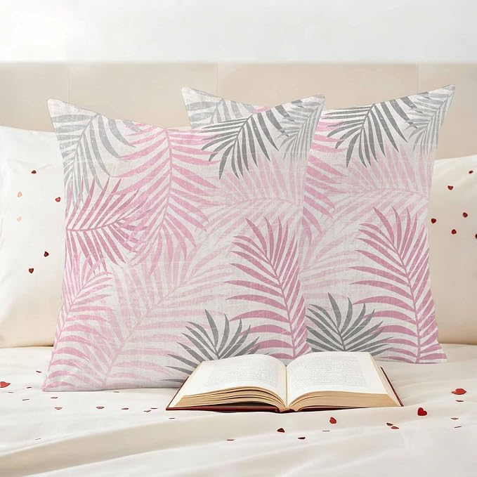 Outdoor Waterproof Throw Pillow Covers, Pink Grey Palm Leaves Decorative Pillow Cases, Summer Botanical Tropical Leaf Couch Pillow Protector Patio Sofa Cushion Covers Replacement 24"x24" 2 Pack