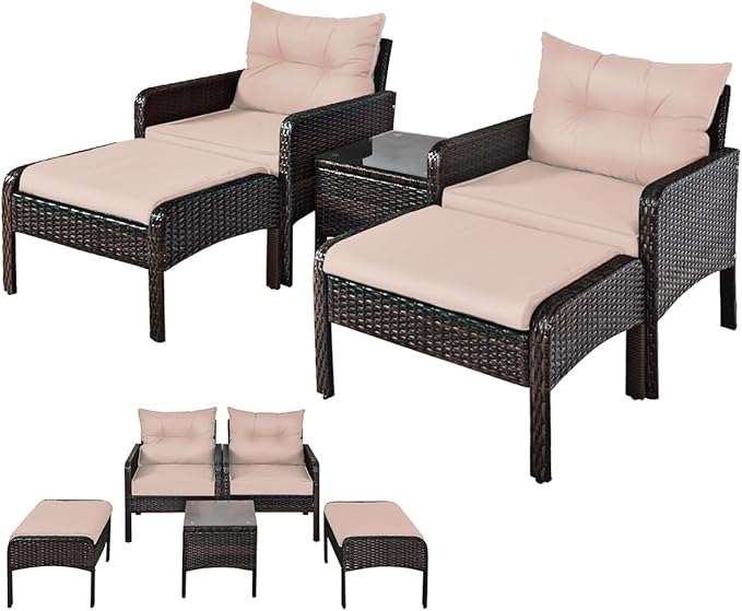 DORTALA 5 Pieces Patio Furniture Set, Outdoor Rattan Conversation Set with Cushions, Glass Table, Ottomans & Chairs, Wicker Sofa Set Backyard Porch Garden Balcony, Beige