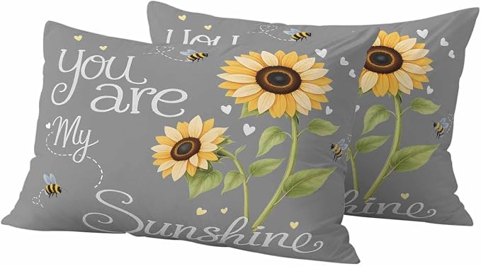 Outdoor Pillow Covers Letters You are My Sunshine Decorative Throw Pillow Covers, Pastoral Sunflowers on Gray Throw Cushion Case with Zipper for Patio,Couch,Sofa,Garden 20x12in Set of 2