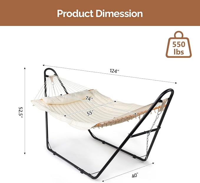 Double-Layer Hammock with Stand, 440 lb Capacity, Beige | Anti-Rust Steel Frame, Adjustable Steel Chains, 195 x 140 cm Bed, Anti-Tip Design, Indoor & Outdoor Use