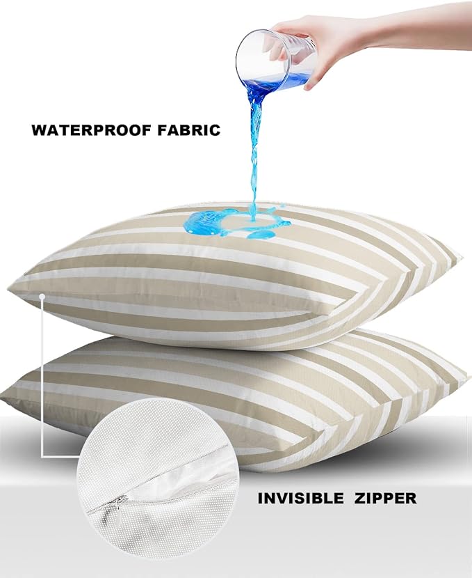 Outdoor Waterproof Throw Pillow Covers Set of 2 Khaki Beige Stripes Decorative Outdoor Pillows Cushion Case 24x24 Inch Classic Striped Patio Pillows for Couch Sofa Bed Garden Office Home Decor