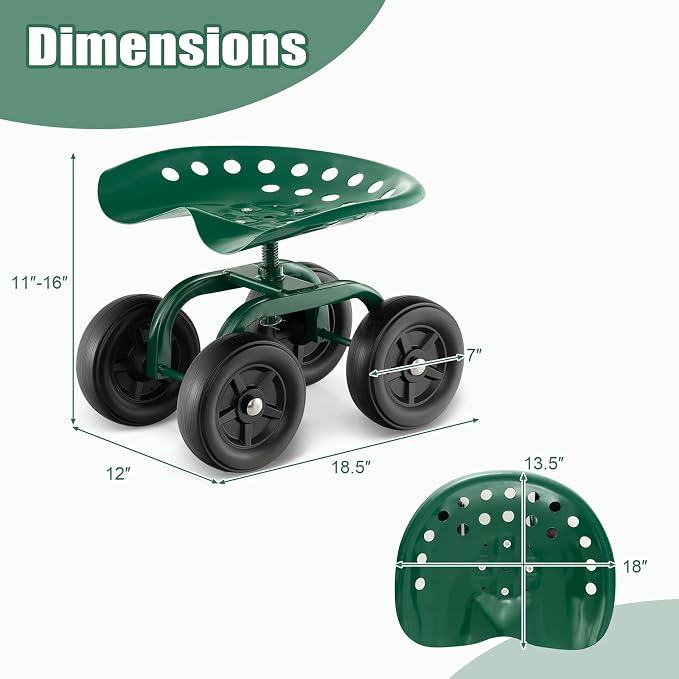 Garden Cart with Seat, Heavy-Duty Rolling Outdoor Wagon Scooter w/Height Adjustable & 360° Swivel Seat, Gardening Work Seat Stool, Patio Scooter on Wheels for Lawn Yard Planting (Green)