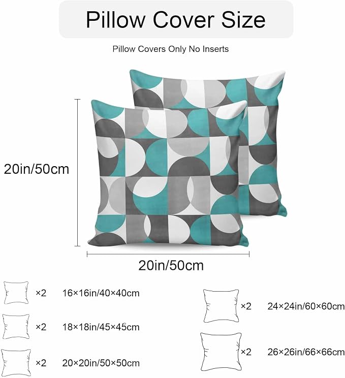 Vandarllin Outdoor Throw Pillows Covers 26x26 inch Set of 2 Waterproof Mid Century Geometric Decorative Zippered Cushion Covers for Patio Furniture, Abstract Modern Teal Lumbar Pillowcases