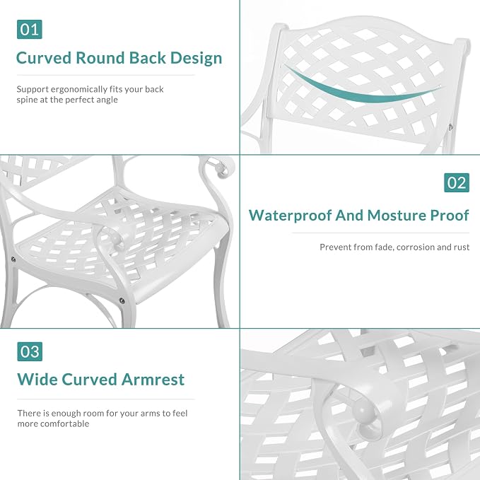 MEETWARM 3 Piece Patio Bistro Set, Outdoor All-Weather Cast Aluminum Dining Furniture Set Includes 2 Chairs and a 31” Round Table with Umbrella Hole for Garden Deck, White