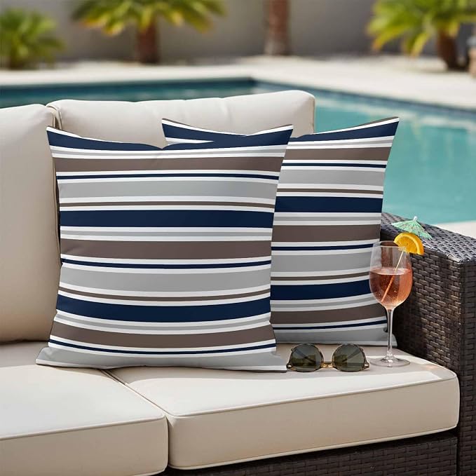 Grey Navy Blue Striped Outdoor Pillow Cover 16x16 Inch Cushion Sham Case, Farmhouse Stripes Modern Abstract Art Waterproof Decorative Square Throw Pillowcase for Outside Garden Patio Porch Couch Chair