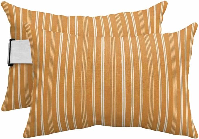 Pack of 4 Outdoor Lumbar Pillow Covers 11x16 Inch, Orange Yellow Striped Waterproof Throw Pillow Covers Set, Farmhouse Stripes Modern Vintage Decorative Cushion Cases for Patio Porch Car