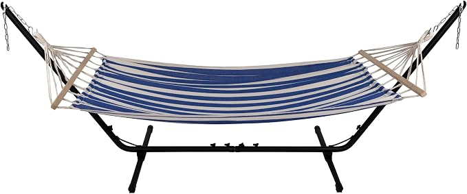 Striped Macrame Quilted Two Person Double Hammock - 9' x 56" - Blue and Cream