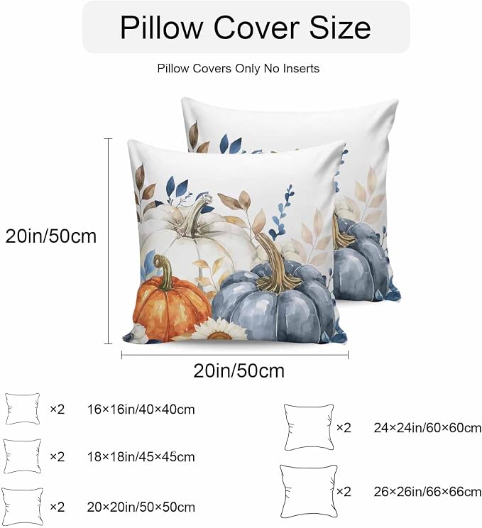 Fall Outdoor Throw Pillows Covers 18x18 inch Set of 2 Waterproof Blue White Pumpkin Zippered Cushion Covers for Patio Furniture, Autumn Eucalyptus Leaves Flower Thanksgiving Lumbar Pillowcases