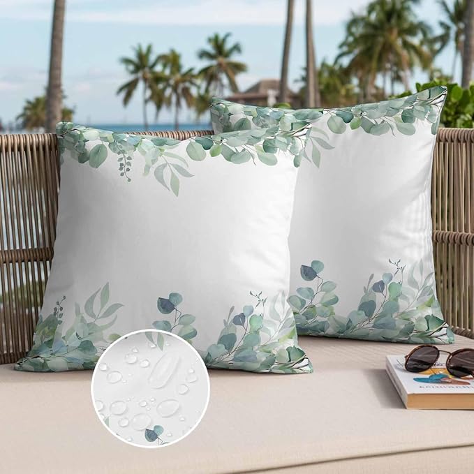 Spring Green Leaf Outdoor Waterproof Throw Pillow Covers Set of 2, 20"x20", Eucalyptus Leaves Watercolor Plants Decorative Pillow Covers Outside Cushion Case for Patio Porch Garden
