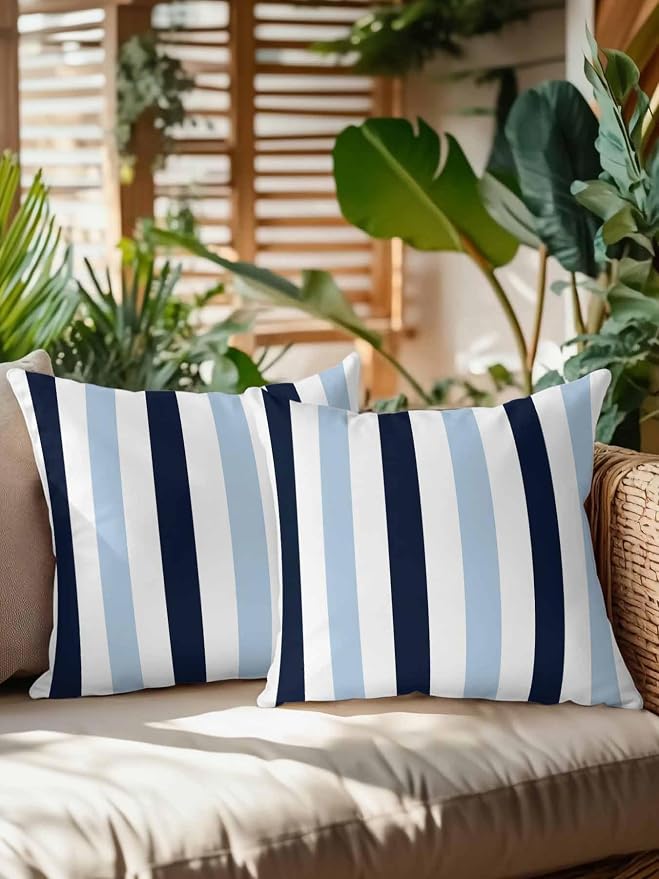 Outdoor Pillows Waterproof, Navy Blue Aqua Striped Bedding Throw Pillows with Insert for Couch Sofa Bed, Farmhouse Stripe Art 16x16 Inch Pillowcases Decorative Camping Patio Pillow Set of 2