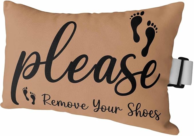 Outdoor Pillow for Chaise Lounge Chair, Please Remove Your Shoes Text Waterproof Headrest Pillow with Insert and Strap Black Footprint on Brown Lumbar Support Pillows for Pool Patio Office, Set of 1