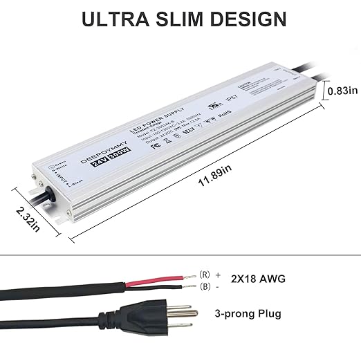 24V DC Power Supply 300W - Ultra Slim LED Driver Low Voltage Transformer with 3-Prong Plug & 3.3ft Cable, IP67 Waterproof for LED Strip Lights, Outdoor Lighting
