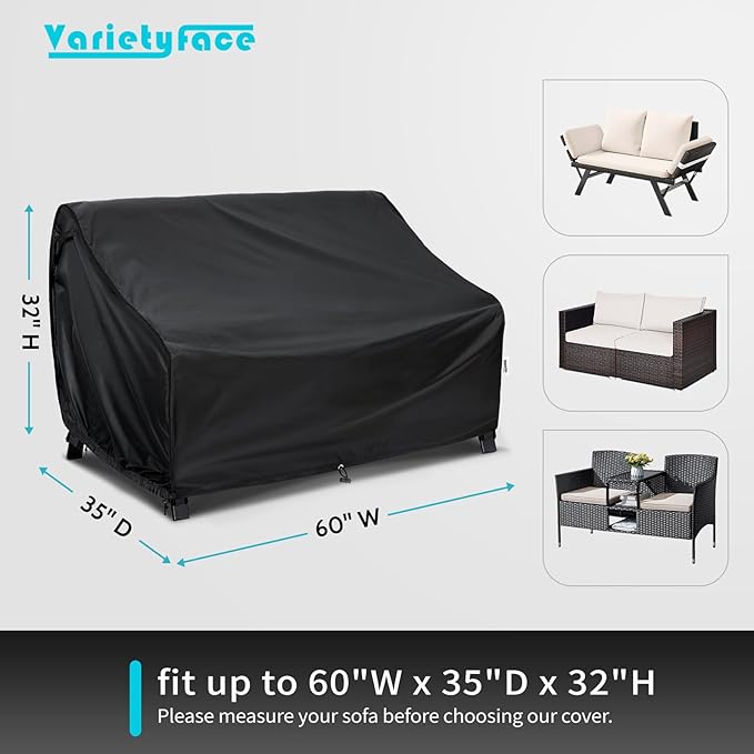 Waterproof Patio Sofa Cover 60"W x 35"D x 32"H, Outdoor Loveseat Couch Windproof Cover with Buckle Straps & Air Vents, UV Resistant, Black