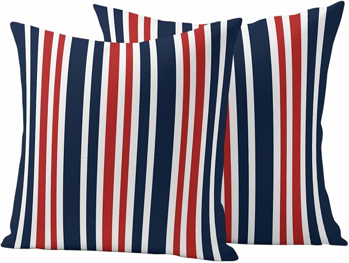 Waterproof Pillow Covers Set of 2,Patriotic Red White Blue Striped Outdoor Pillow Protectors with Zipper Pillowcases for Patio Tent Garden Beach 26x26 Inches Minimalist Geometric