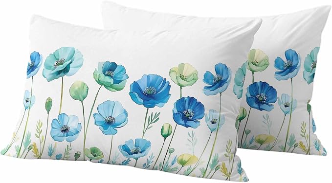 Spring Floral Outdoor Waterproof Throw Pillow Covers Set of 2, 20"x12", Watercolor Blue Poppy Flower Decorative Pillow Covers Outside Cushion Case for Patio Porch Garden