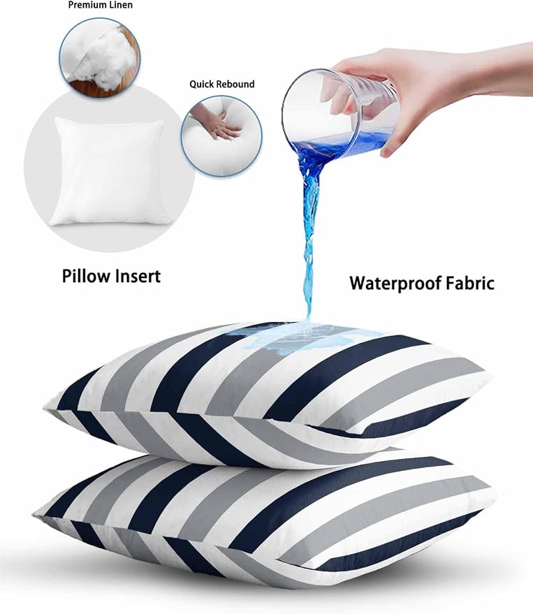 Outdoor Pillows Waterproof, Navy Blue Gray Striped Bedding Throw Pillows with Insert for Couch Sofa Bed, Farmhouse Stripe Art 18x18 Inch Pillowcases Decorative Camping Patio Pillow Set of 2