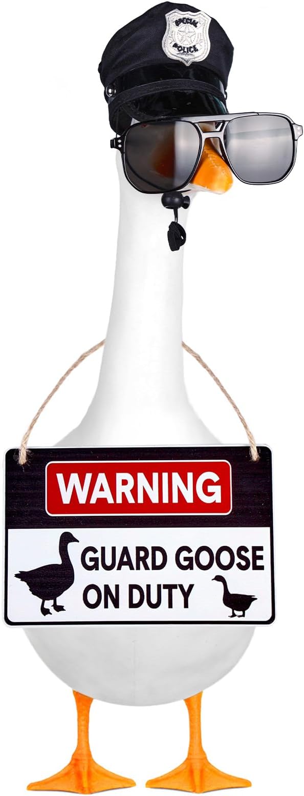 Police Goose Outfits 23” Lawn Porch Goose Police Hat Eyeglasses Tie Wooden Porch Geese Duty Warning for Yard Garden Patio Decoration