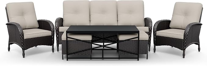 Joyside Wicker Patio Furniture Set, 6 Piece Outdoor Furniture Set with Thickened Cushions, High Back, Deep Seating, Wide Armrest, Rattan Outdoor Chairs for Porch, Deck