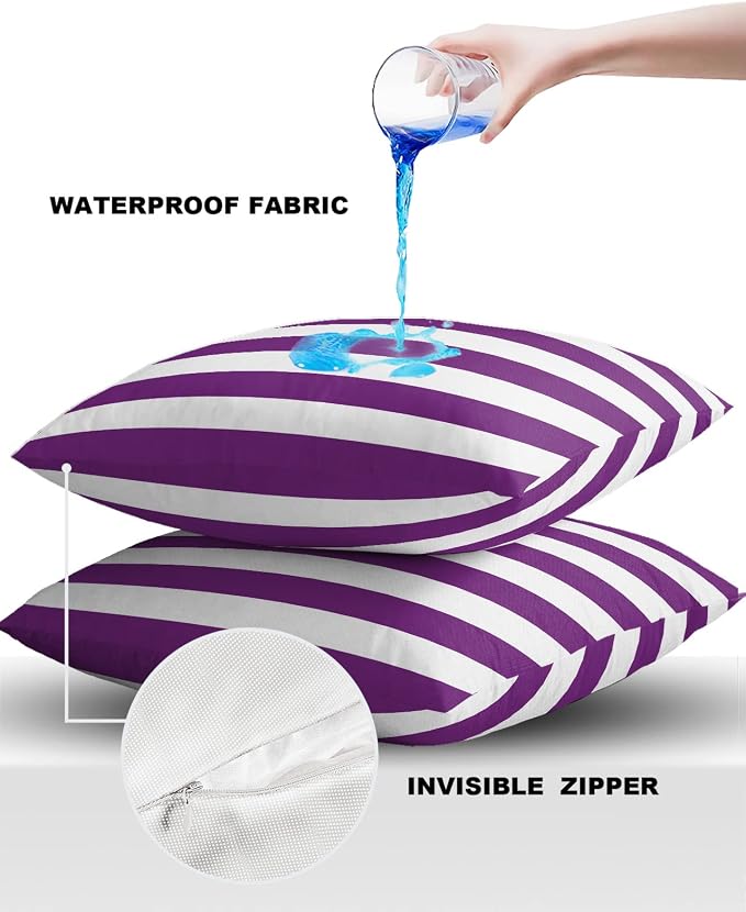 Outdoor Waterproof Pillow Covers for Patio Furniture Solid Striped Decorative Throw Pillow Cover Purple Pillowcases Set of 2 Cushion Case for Sofa Couch Chair Home Decor 20 x 20 Inches