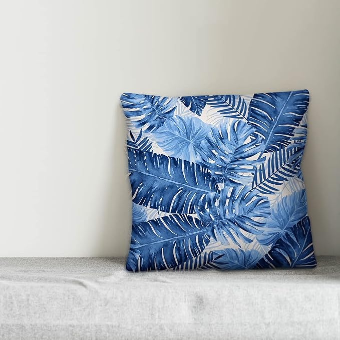 Blue Watercolor Fronds Indoor/Outdoor Pillow | Decorative Pillows for Living Room Couch Bed Sofa Patio, Fluffy Soft Cushion | Water Resistant Blue, 18x18