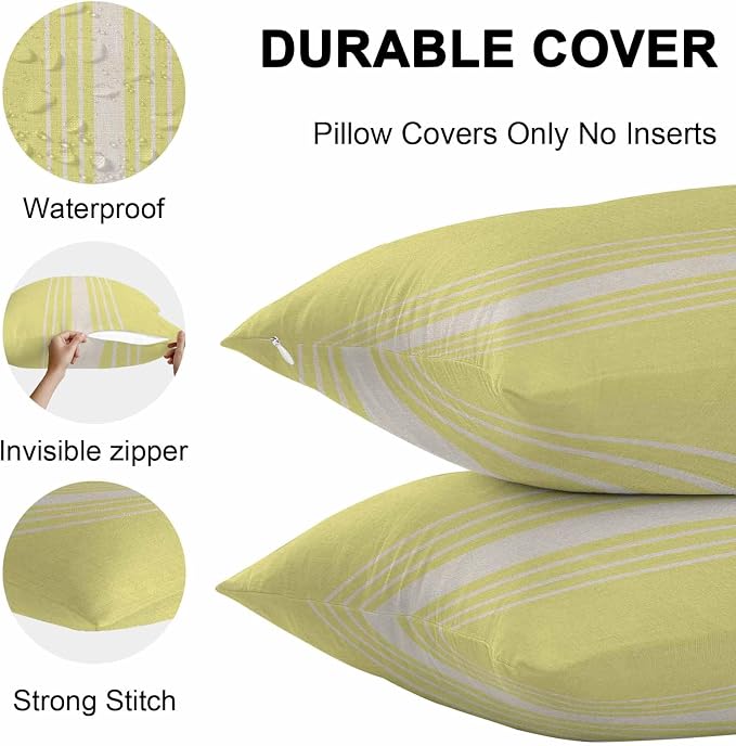 Vandarllin Outdoor Throw Pillows Covers 16x16 inch Set of 2 Waterproof Yellow Vertical Stripes Decorative Zippered Cushion Covers for Patio Furniture, Classic Striped Linen Lumbar Pillowcases