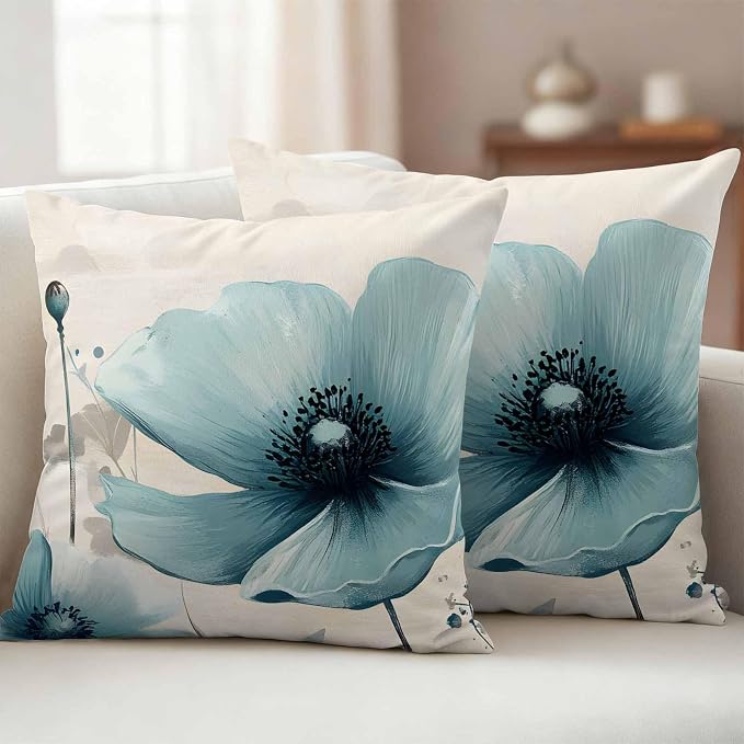 Blue Flowers Butterfly Outdoor Waterproof Throw Pillow Covers Set of 2, 26"x26", Watercolor Retro Leaf Pastoral Style Decorative Pillow Covers Outside Cushion Case for Patio Porch Garden