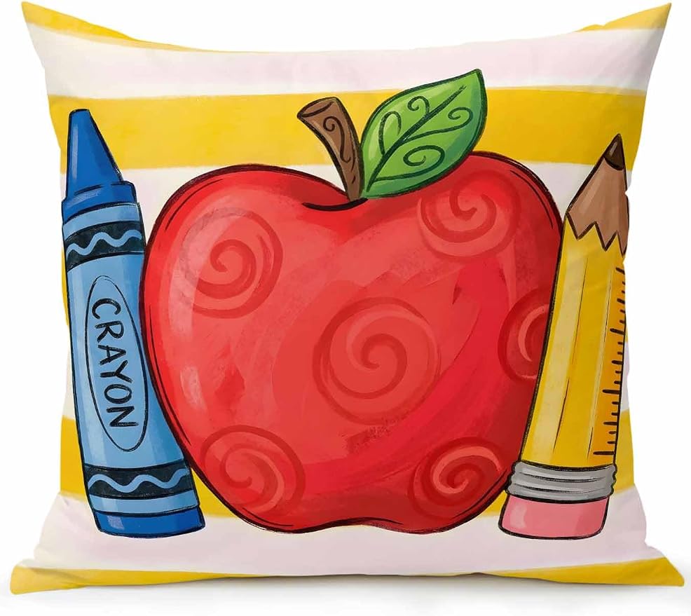 1 Pack Outdoor Throw Pillow, Children's Day Waterproof Pillow with Insert Included, Funny Cartoon Pencil Yellow Striped Decorative Accent Cushion Sofa Pillows for Patio Porch, 16 x 16 in