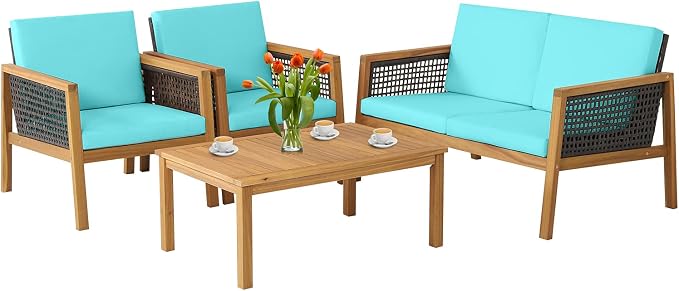4 Pieces Outdoor Acacia Wood Furniture Set, Outdoor PE Wicker Conversation Set with Coffee Table and Soft Cushions, Outdoor Sofa Set for Garden, Poolside and Backyard (1, Turquoise)