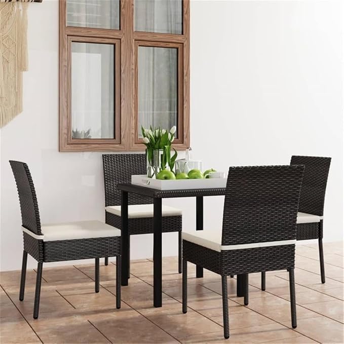 Afuera Living 5-Piece Outdoor Patio Dining Set, Black/Cream Poly Rattan, Powder-Coated Steel Frame, Glass Tabletop, Cushioned Chairs, Weather-Resistant, Modern Garden Furniture for Terrace or Balcony