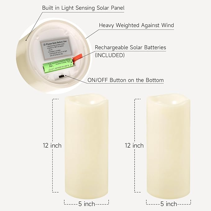 NURADA Large Outdoor Solar Candles Waterproof - 12" x 5" Rechargeable Solar Powered Flameless LED Pillar Flickering Candle for Patio Porch Lanterns Decor - Ivory Set of 2