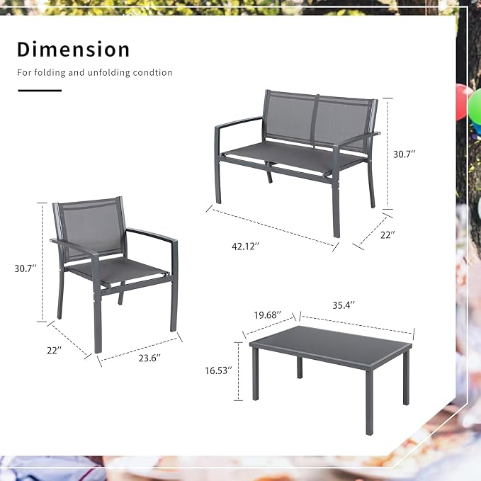 Shintenchi 4 Pieces Patio Furniture Set All Weather Textile Fabric Outdoor Conversation Set, with Glass Coffee Table, Loveseat, 2 Single Chairs for Home, Garden, Lawn, Porch（Gray）